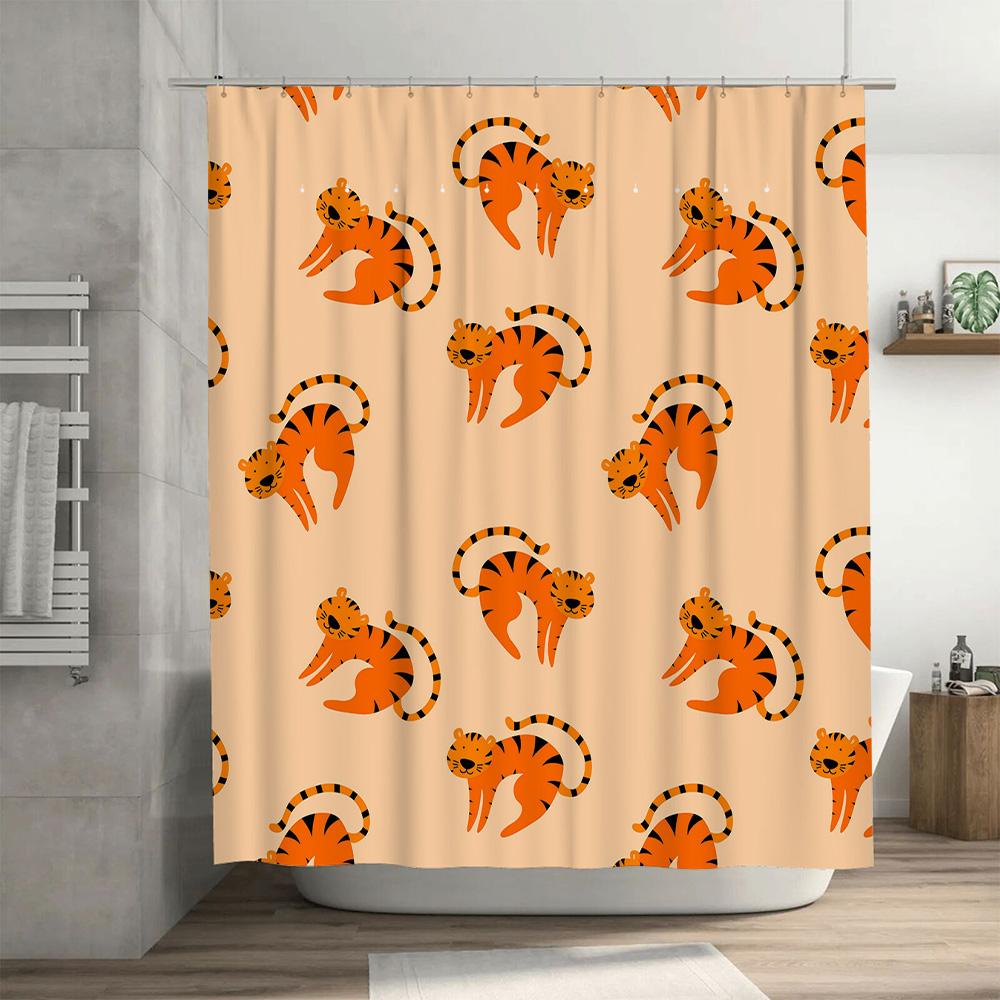Tiger Print Shower Curtain Orange Black Stripes Pattern Bath Mat Cover for Kids Bathroom Decor Home Decoration
