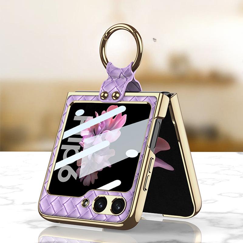 Elektroplate Skall Film Vevd Ring Telefondeksel for Samsung Galaxy Z Flip 6 5 4 Flip6 Flip5 Flip4 Flip3 5G Fallforebyggende Deksel