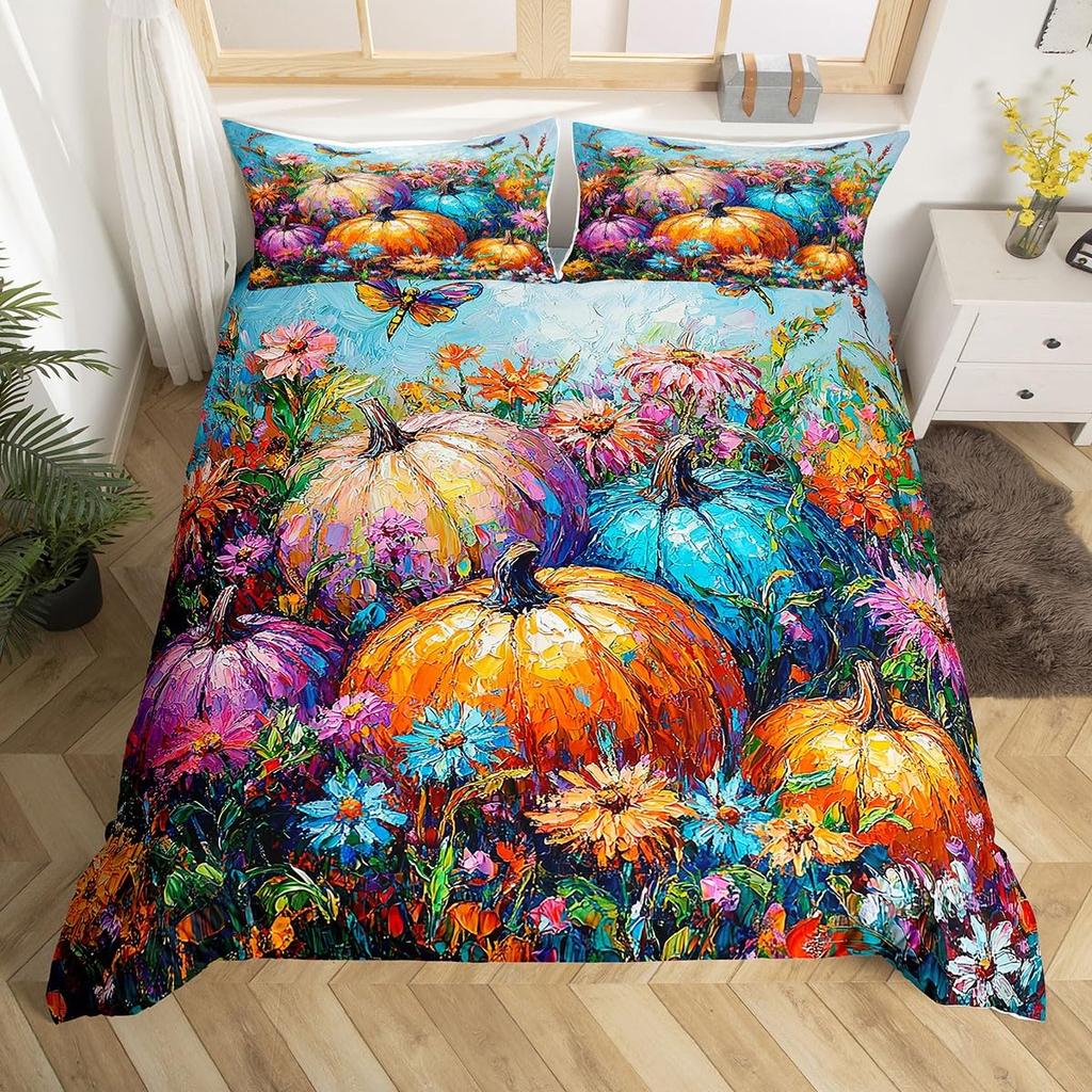Autumn Pumpkin Soft Duvet Cover Ful Quen Fal Leaves Boho Floral Beding Set Farmhouse Harvest Home Decor,Thanksgiving Comfortable Quilt Cover