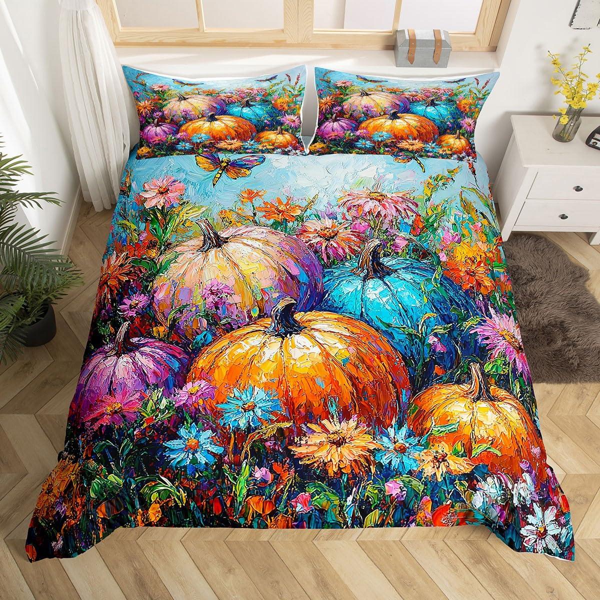 

Autumn Pumpkin Soft Duvet Cover Ful Quen Fal Leaves Boho Floral Beding Set Farmhouse Harvest Home Decor,Thanksgiving Comfortable Quilt Cover 120*200cm Single