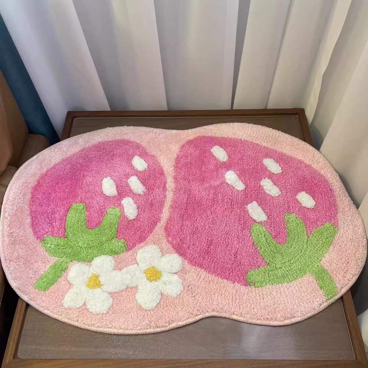 

Cute Strawberry Flocking Bath Mat Pink Sweet Girls Home Decor Carpet Bedroom Bedside Rug Non-slip Hallway Entrance Door Mats 50cmX75cm розовый