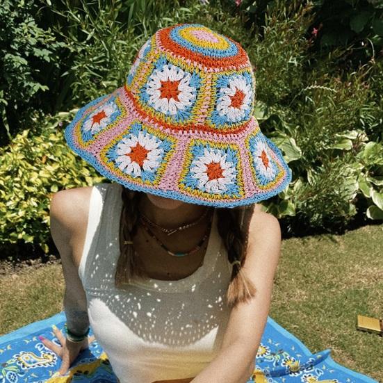 Fisherman Hat Floral Pattern Crochet Straw Sun Hat Anti-UV Sun Protection Foldable Packable