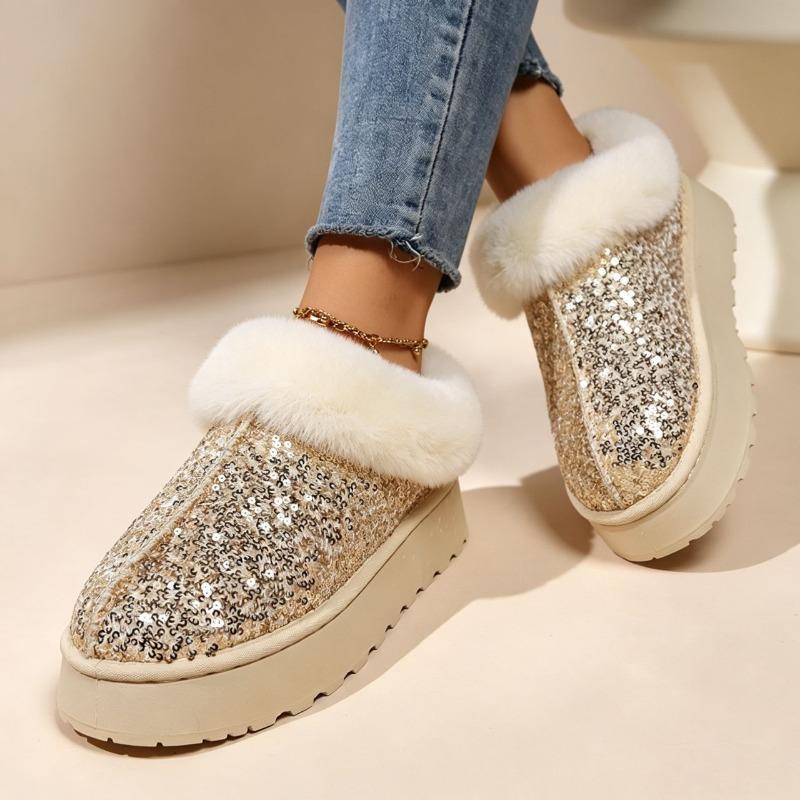 Thick-soled outer wear short snow boots for women's winter new sequins, piled and thickened warm cotton shoes wholesale