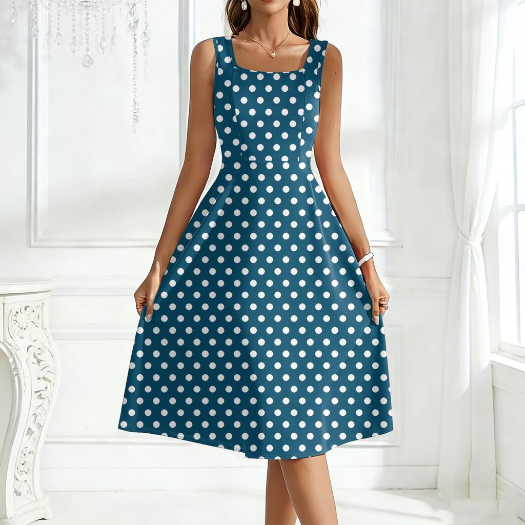 Women's Square-Neck Sleeveless Polka Dot Maxi Dress