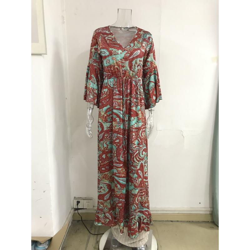 Abito Bohemian da Donna Estate Manica a Svaso Stampa Floreale Scollo a V Ampio Abiti da Donna Elegante Linea ad A Vita Alta Abito da Donna per Vacanze al Mare