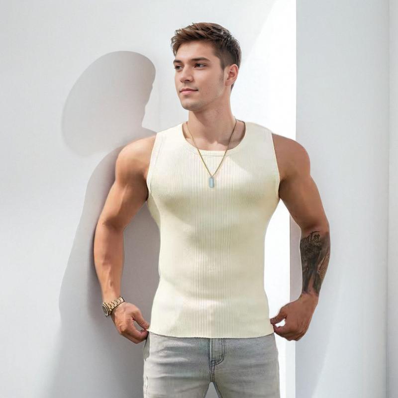

Летняя трикотажная майка в рубчик для мужчин, безрукавная футболка с широкими плечами, облегающего кроя, плотный спортивный фитнес-кроп-топ, базовый жилет, трендовый M бежевый