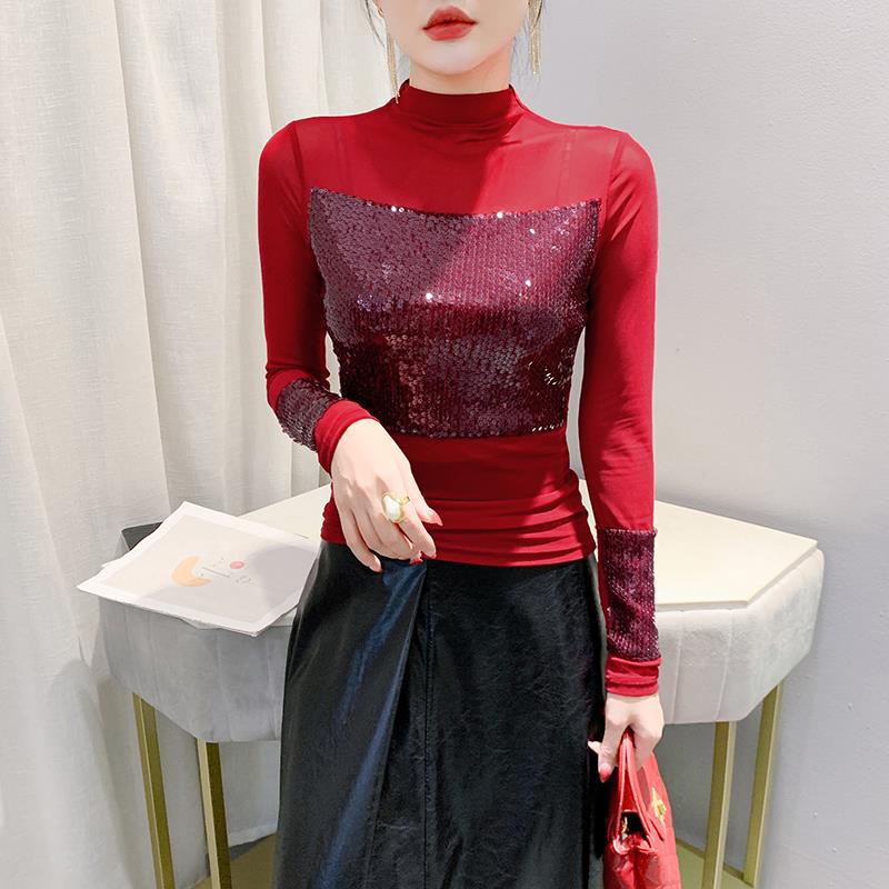 European Style 2024 Sequin Slim Fit Long Sleeve T-shirt for Women