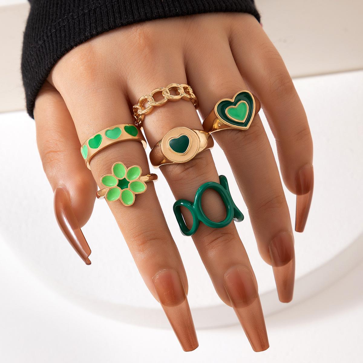 

European and American jewelry Brown love dripping oil ring six-piece set Geometric flower ring combination set