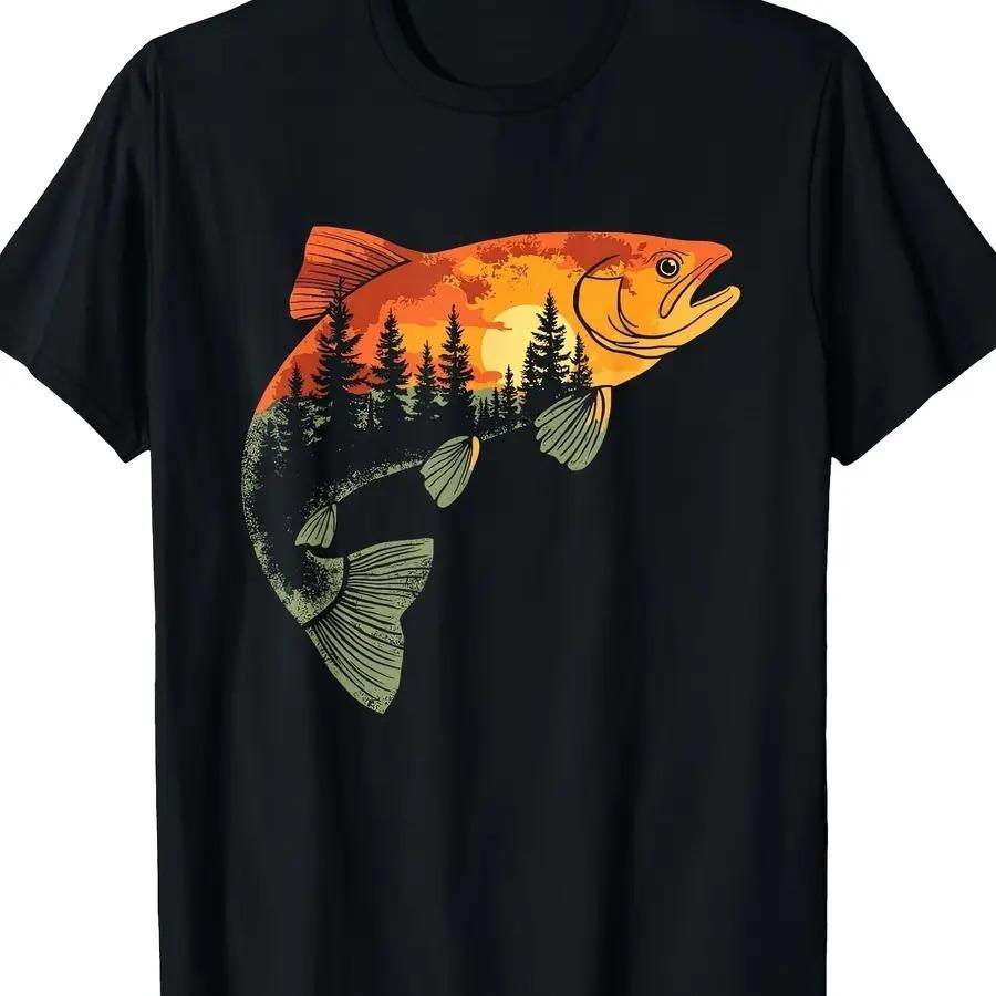 Unisexs Trout Fishing TShirt Black Pattern of Jumping Trout and Sunset River Forest Theme