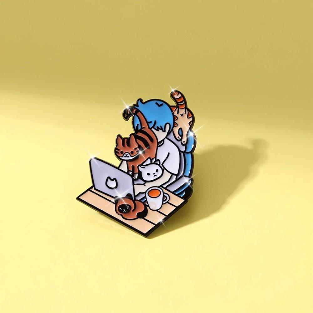 Cute Cat Elements Metal Badge - Everyday Style Enamel Buttons In Front of the Computer - Colorful Alloy Brooch for Clothing, Backpacks and Jeans