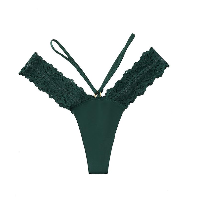 

Seamless Ice Silk French Lace Thong - Sexy Thin Strap T-Panties for Women Medium зелений