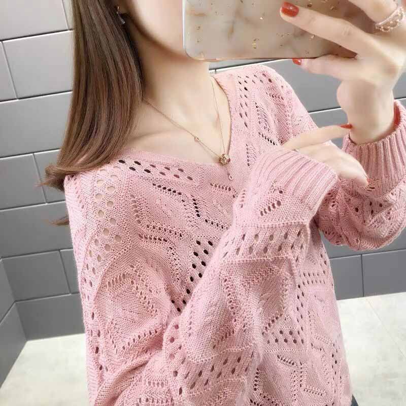 Plus Size Hollow-out Knit Women's Pullover Spring and Autumn V-neck Top Loose Outer Sweater