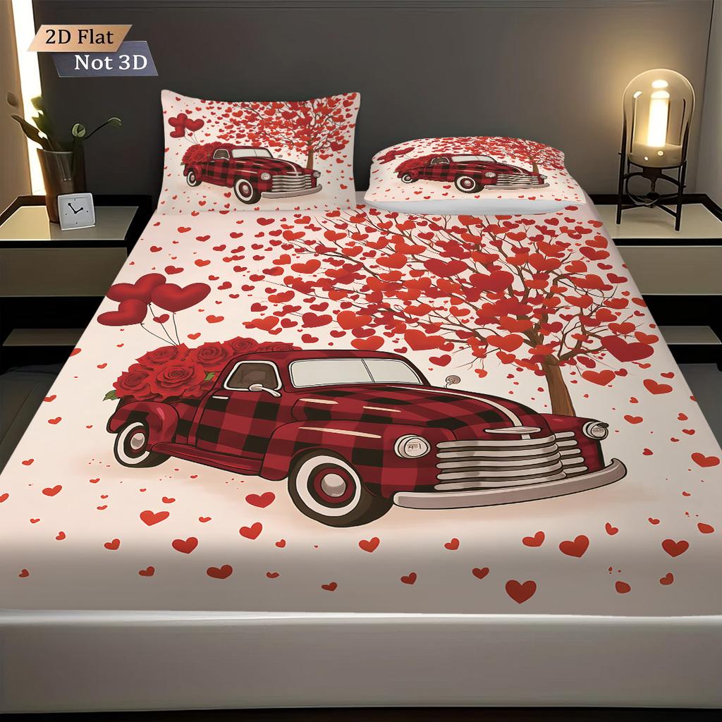 3pcs Happy Valentine's Day Red Love Tree Car Printed Chipless Bed Sheet Set Multi Size Bedroom Cover Decoration