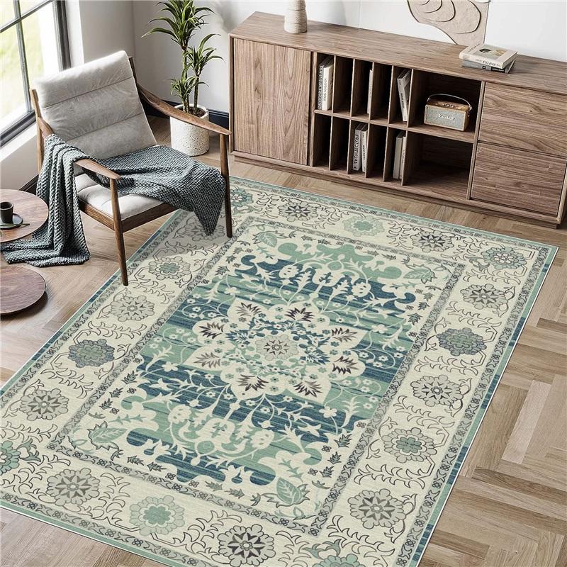 Bohemian Vintage Area Rug Washable Soft Ethnic Style Floor Carpet Non‑Slip Decor Rug for Living Room Bedroom Kitchen Home