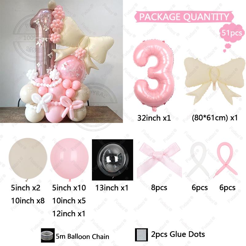 51pcs Cream Bow Balloon Pink Number Birthday Balloon Set Festive Supplies Party Decoration Children's Birthday Surprise Gift