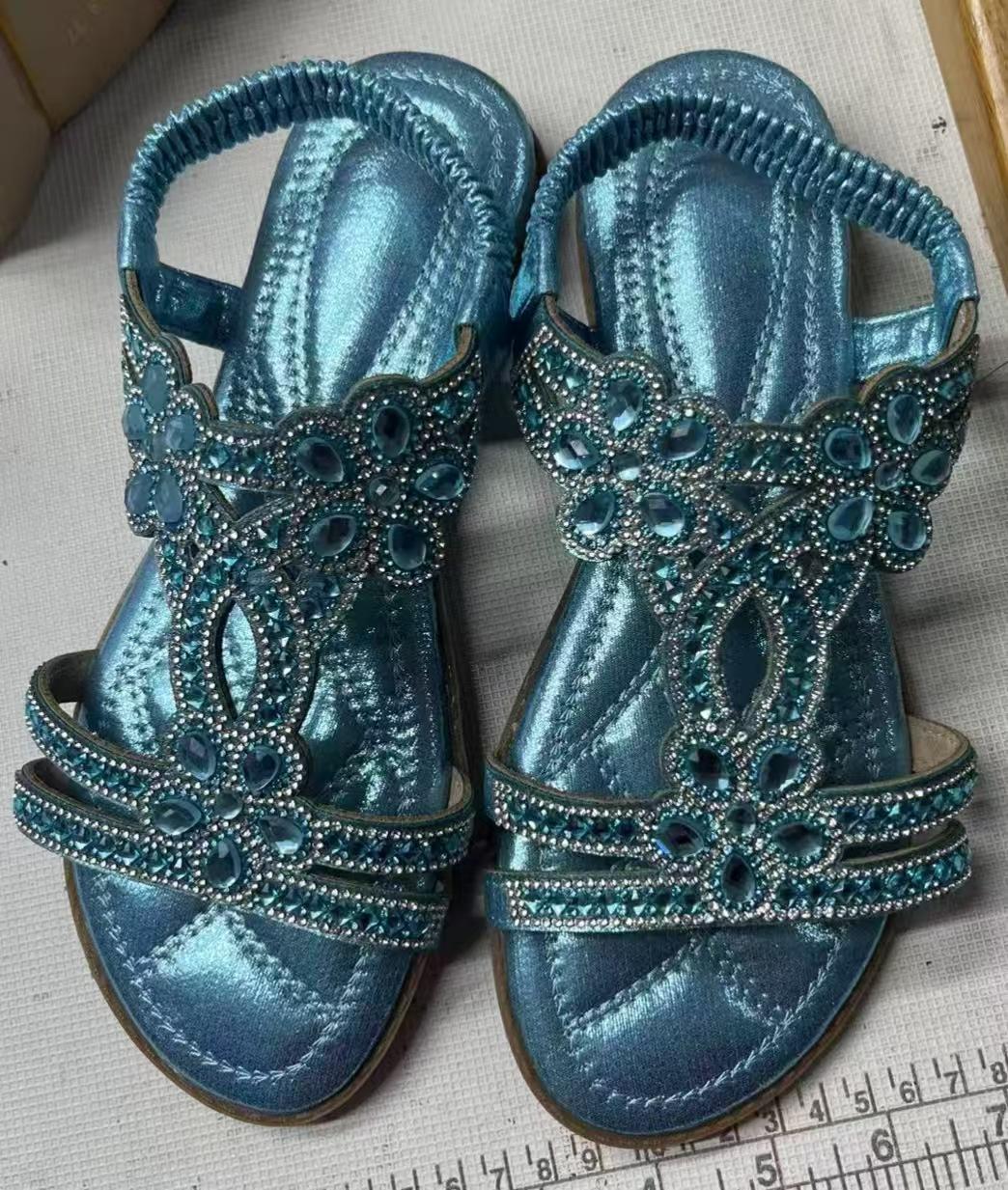 

Новые балетки женские богемный этнический стиль цветок стразы удобные универсальные с открытым носком женские туфли 46 небесно-голубой