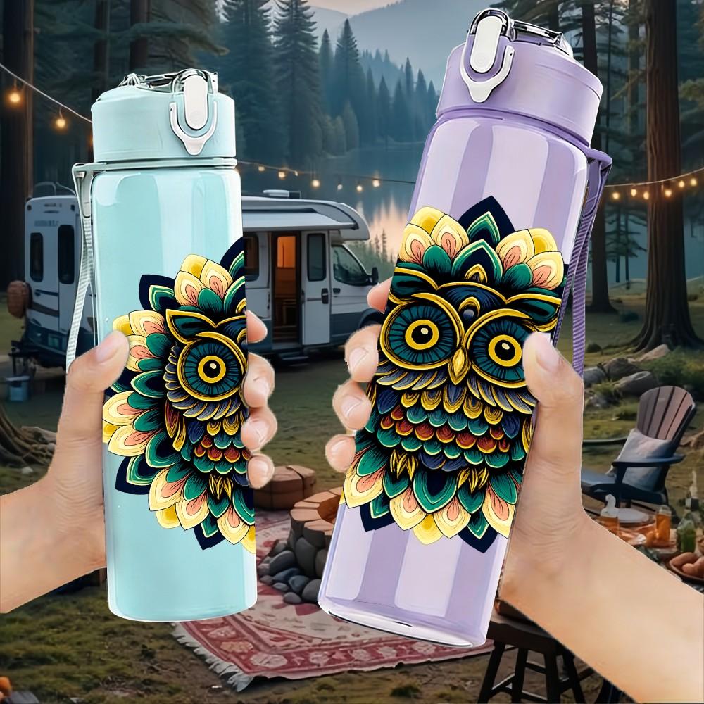 1PC Colorful Owl Mandala Pattern 750ml Color Plastic Sports Water Bottle Leakproof Flip Straw Lid Suitable for Sports Office Home Use
