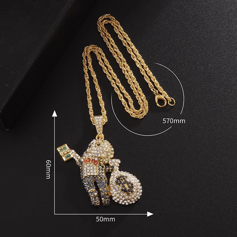 European and American Hip-hop Pendant, Bald Little Boy Holding Dollar Bills, Money Bag, Micro-encrusted Colored Zircon Necklace