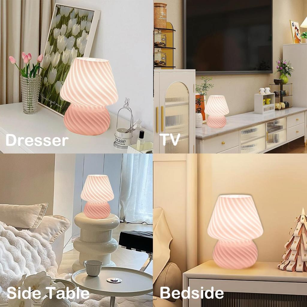 Pink Mushroom Lamp,Small Glass Table Lamp/Accent Lamp/Cute Desk Lamp for Bedroom Bedside Nightstand,3000K Soft Glow Warm Lighting,Trendy Fun Mini