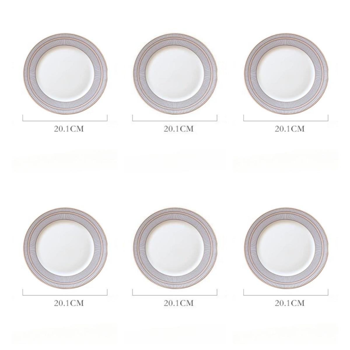 

Наборы обеденных тарелок из тонкого костяного фарфора, Посуда в стиле легкой роскоши с полосатым узором и позолоченным краем, Фарфоровая столовая посуда Круглый набор из 6