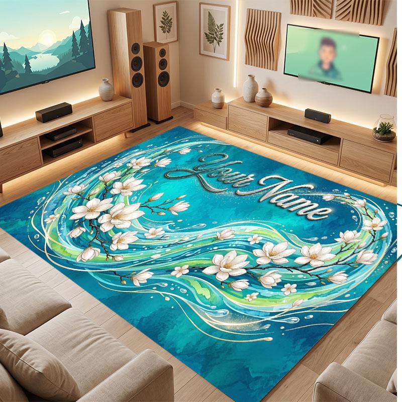 Floral Garden Theme Crystal Velvet Floor Rug Personalized Custom Name Text Warm Carpet Home Decoration