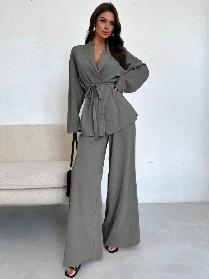 European V-Neck Elegant Women's Suit with Long Sleeves and Wide-Leg Pants