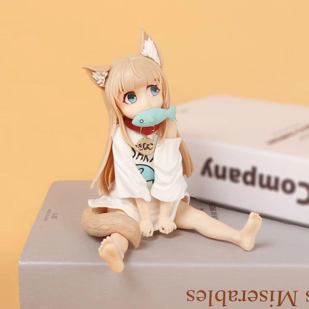 Soybean Catgirl Figurine: Cute Sitting Pose Eating Fish Ornament