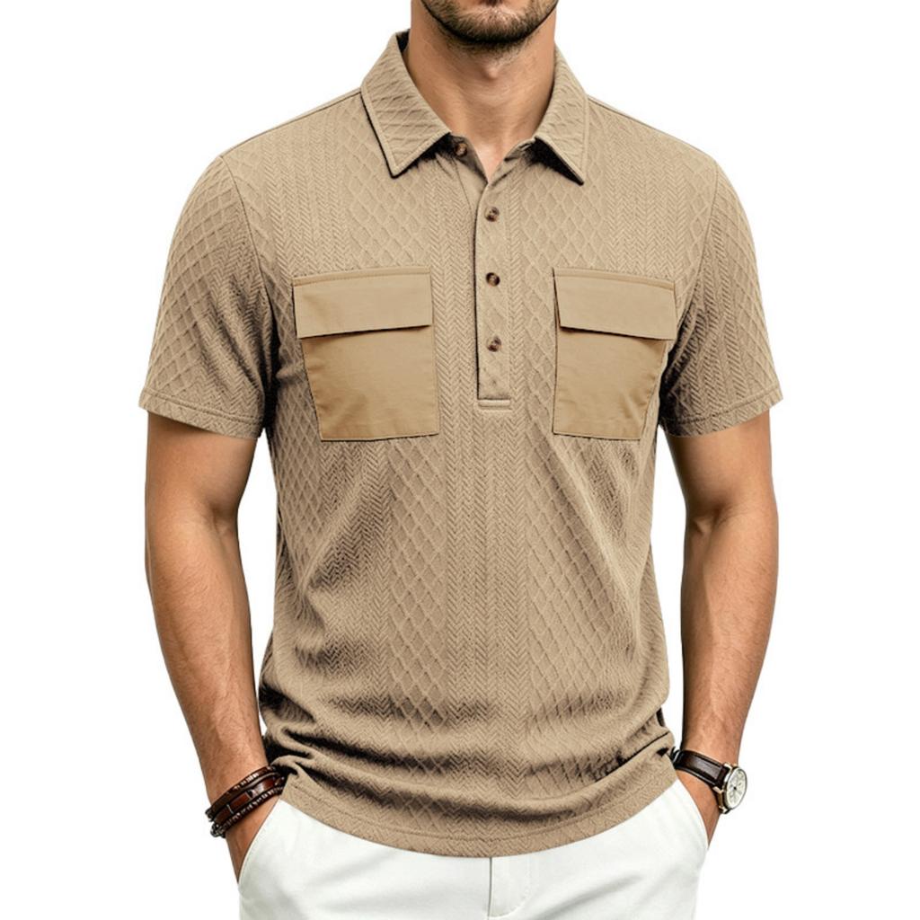 Men Heavyweight Loose Fit Jacquard Polo Shirt Workwear Multi Pocket Casual Short Sleeve Outdoor Shirt with Contrast Details