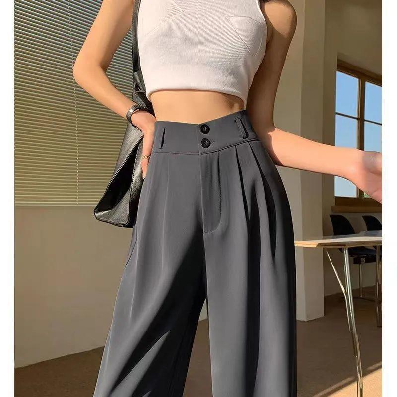 Gray High-Waisted Wide-Leg Pants for Women - Spring Plus Size, Drapey Straight Casual Suit