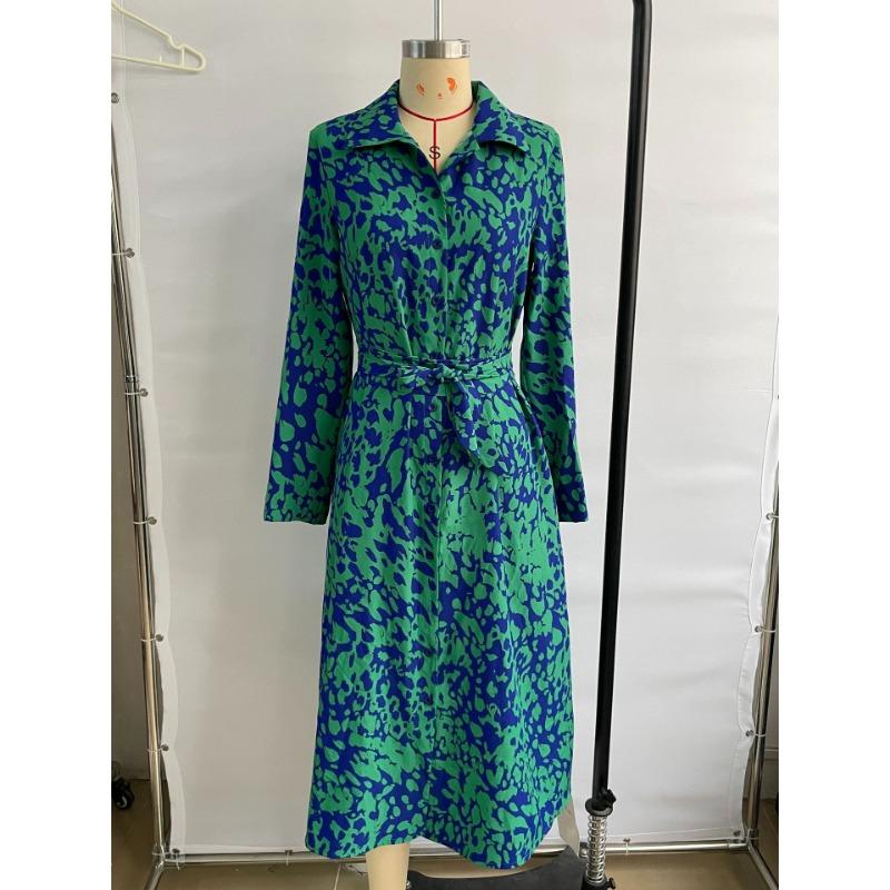 Women's Printed Long Sleeve Shirt Dress with Waist Tie and Button Front