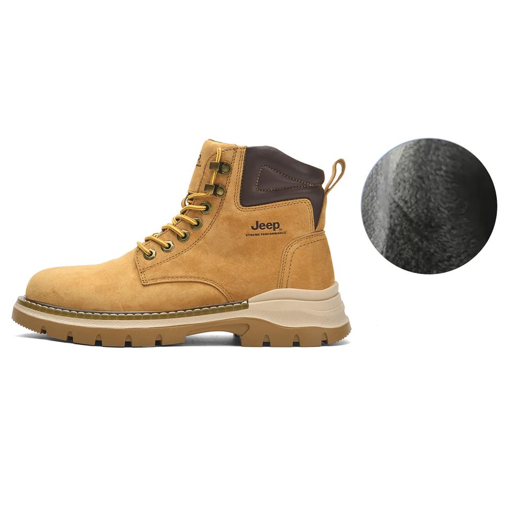 Jeep Slip-Resistant Wear-Resistant Warm Thick British Style Short Tube Fleece Martin Boots Men boots Dark-Yellow P340911117
