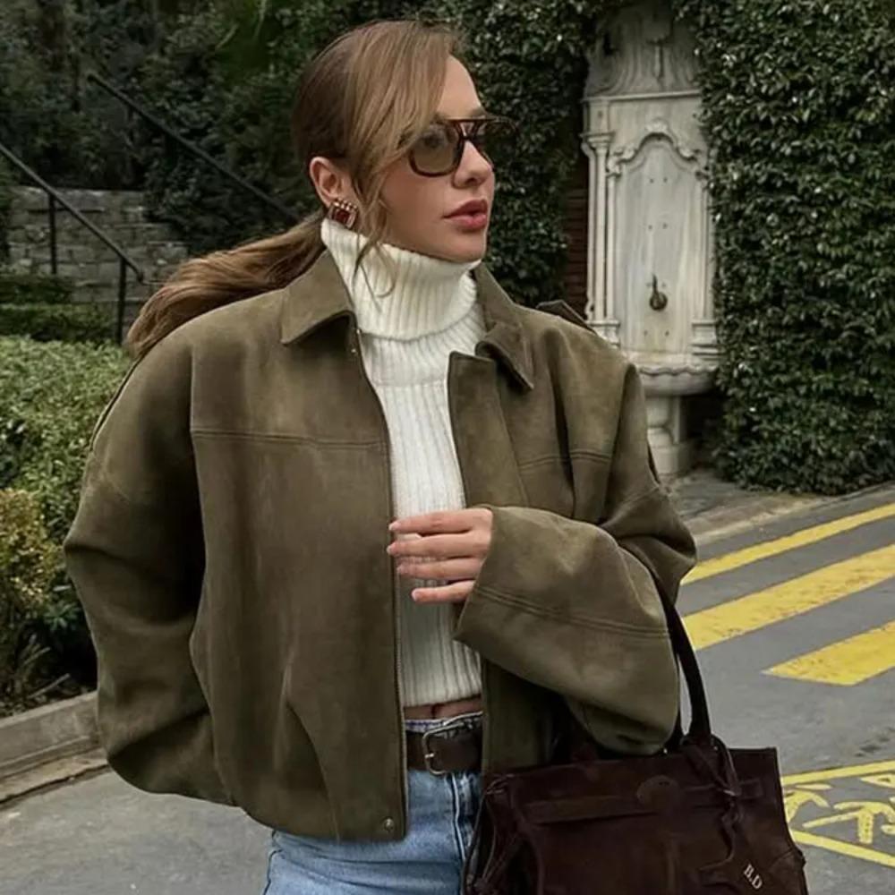 Women Suede Jacket Loose Casual Bomber Coat Lapel Zipper Long Sleeve Jackets Vintage Lady Motorcycle Outwears