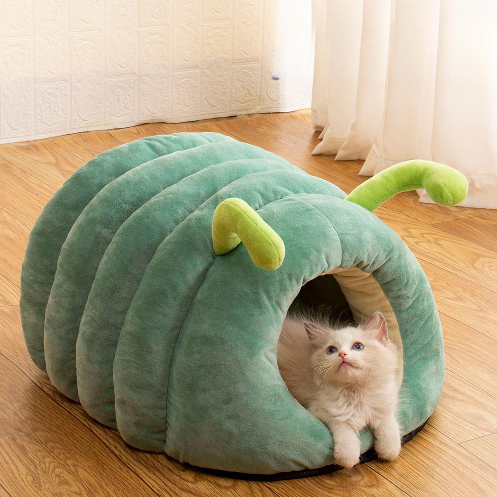 

Cute Pet Nest Warm Soft Plush Cat Bed Cartoon Caterpillar Warm Thick Dog House Cat House Foldable Washable Pet Supplies Cat Tent S-43x33x28cm зелёный