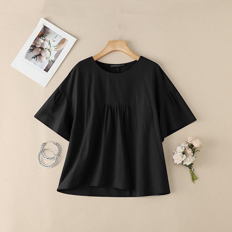ZANZEA Damen Freizeit Rundhals Einfarbig Kurzarm Bluse