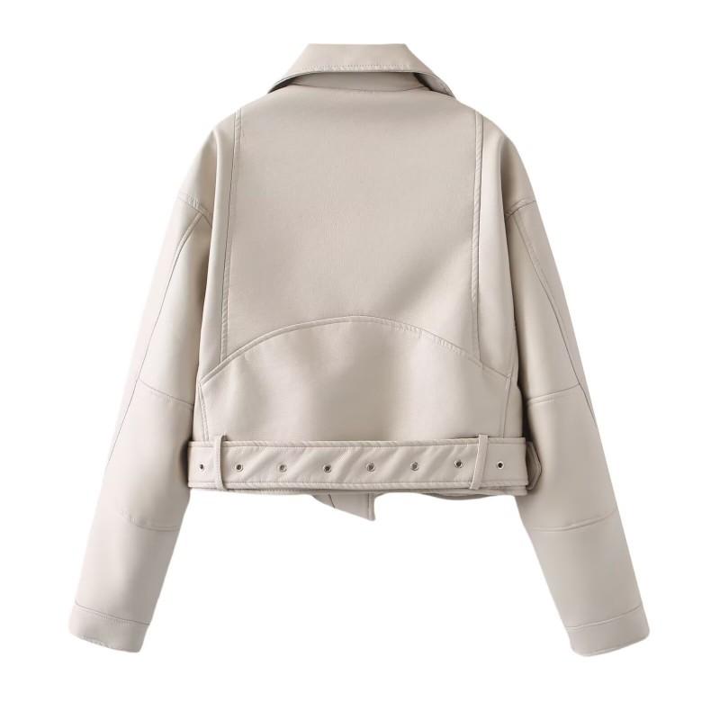 Womens PU Faux Leather Moto Jacket Short Fit Streetwear Oversized Biker Style With Zipper Patchwork Detail