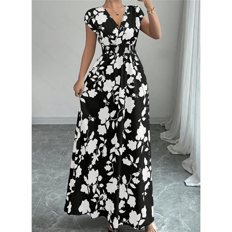 Women's Casual Floral Short-Sleeve Tie-Front V-Neck Fitted Dress for Summer