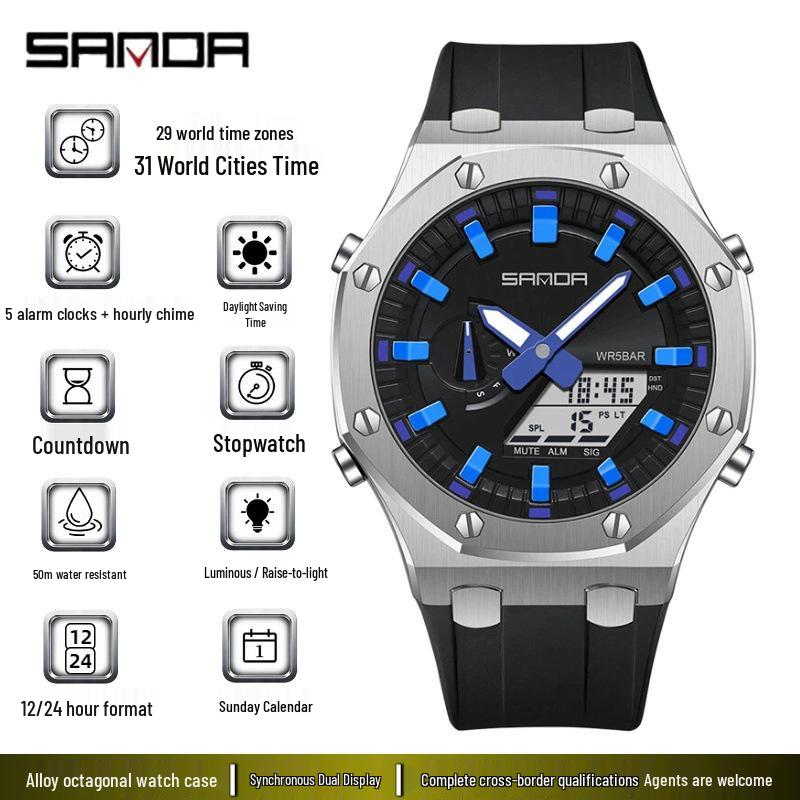 Sanda Octagonal Multifunctional Luminous Waterproof Men's Watch