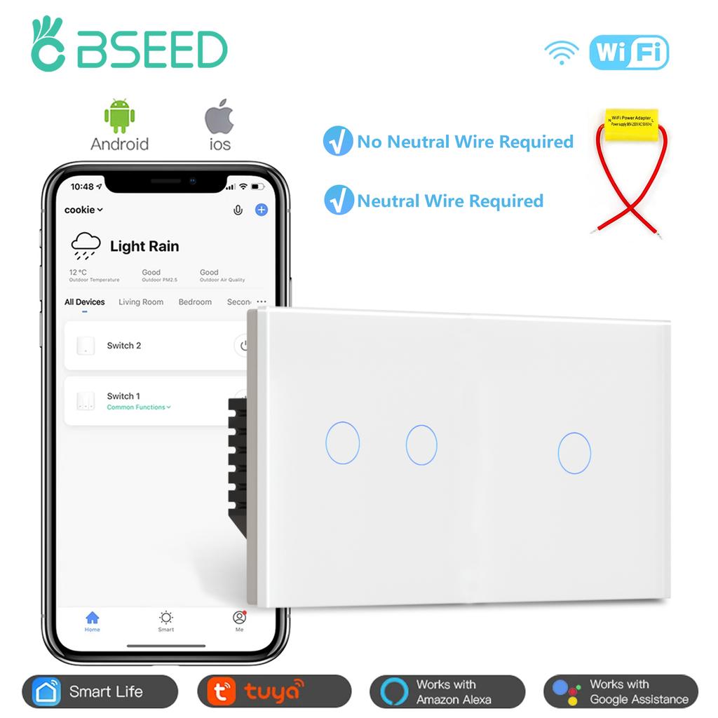 BSEED 1/2/3Gang Wifi Touch Light Switches Tuya Smart Life App Control EU Standard Crystal Glass Panel With Capacitor White