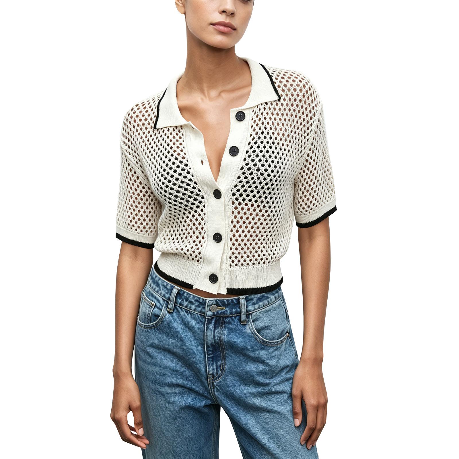 

Women’s Crochet Short-Sleeve Knit Cardigan With Notched Lapels L бежевый