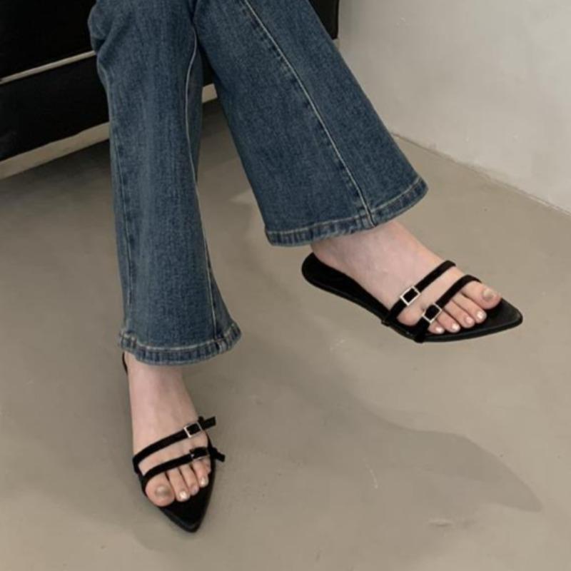 Slim Heel One Strap Sandals Women's Fashion Pointed Toe Open Toe Metal Buckle Slim Slip Kitten Heel Shoes