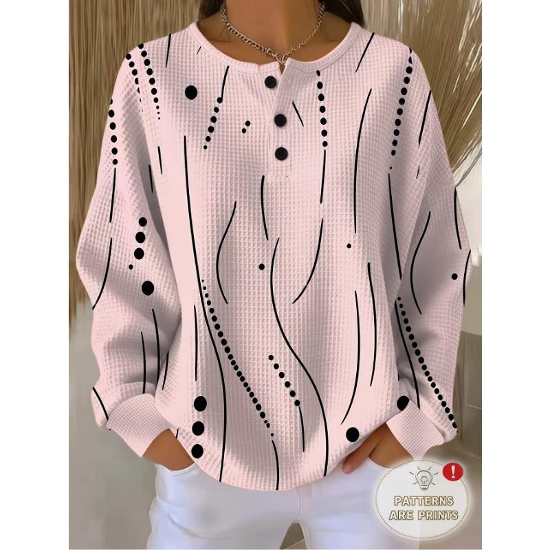 Barcode Women'S 3-Button Henley Collar Waffle Long Sleeve Top, Easy Curved Polka Dot Combination Print