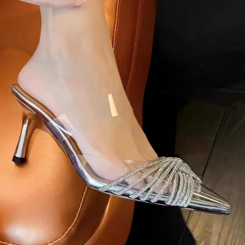 

Баотоу прозрачные сандалии женственность бант кристалл тонкий каблук острый носок стразы высокие каблуки 40 серебряный