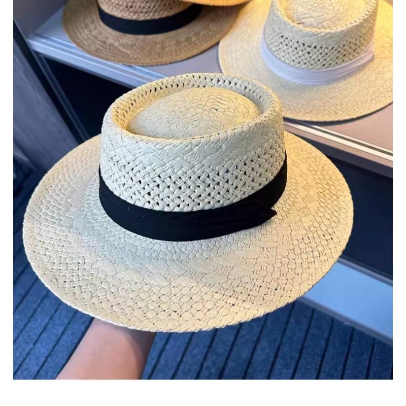 New Flat-top Straw Hat Women's Big Head Circumference Seaside Beach Top Hat Woven Sun Hat Summer