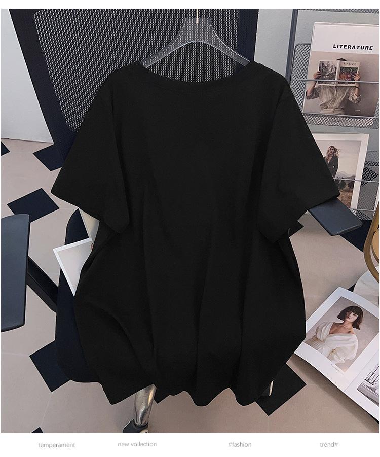 Women's Plus Size V-Neck Short-Sleeve Loose T-Shirt (Mid-Length, 200-350 Jin)