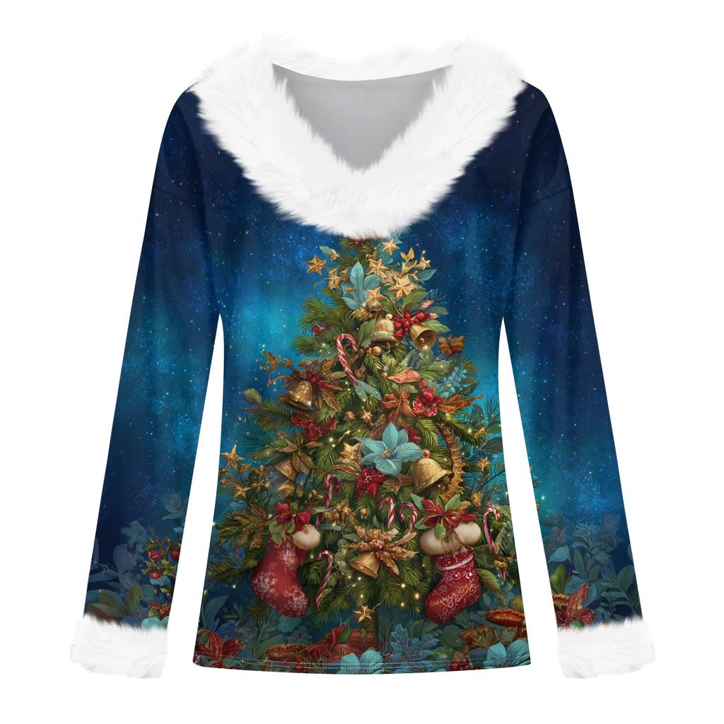 Dámské tričko Tričko Vánoční tričko s dlouhým rukávem Party Vánoční potisk Fleece s límcem s výstřihem do V