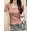 Front shoulder U-neck short-sleeved T-shirt for women's summer pure desire, slim and thin bottom top
