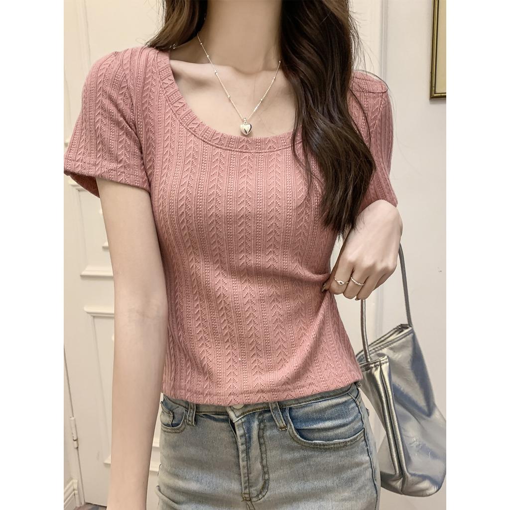 Front shoulder U-neck short-sleeved T-shirt for women's summer pure desire, slim and thin bottom top