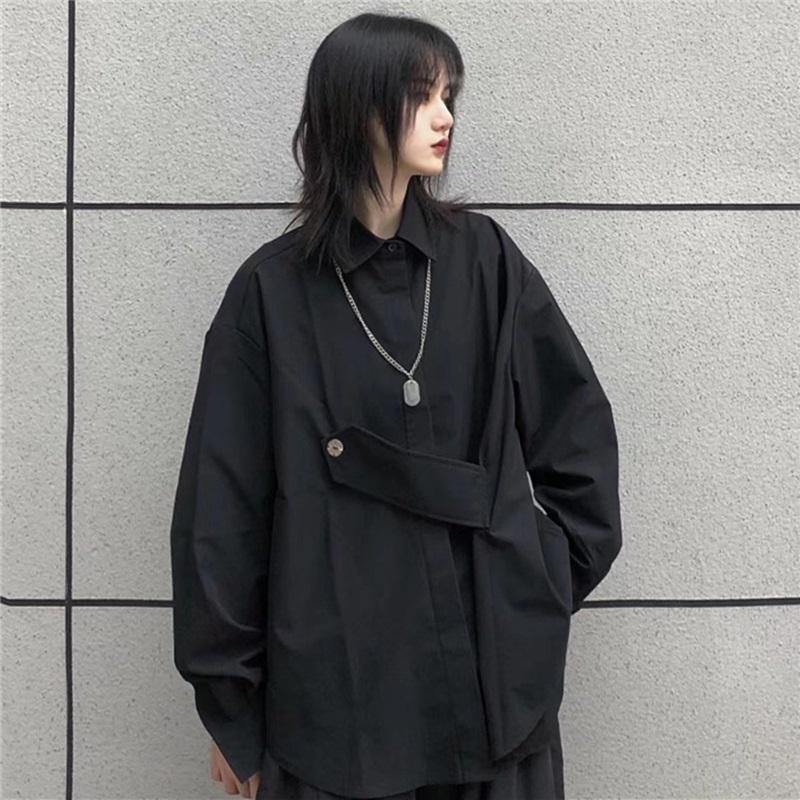

Women s Oversized Black Button-Up Shirt Asymmetric Strap Design Long Sleeve Blouse Dark Streetwear Casual Top For Daily & Party L чёрный