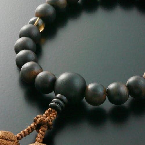 Men's Buddhist Prayer Beads by Kyoto Butsudan Hayashi, Pure Silk Braided String with Ebony (Unpolished) and Two Heavenly Tea Crystals (Includes Prayer