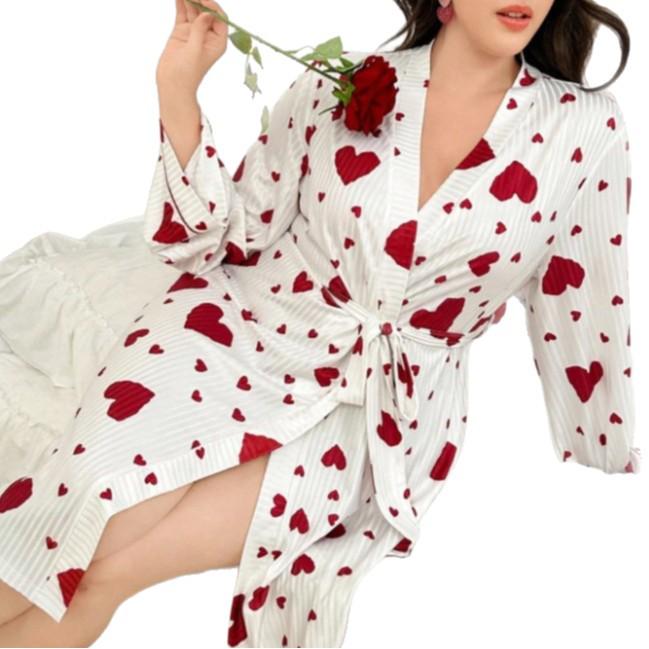 Euro-American Plus Size Summer Ribbed Knit Heart Tie-up Outdoor Pajamas Women's Comfortable Morning Robe